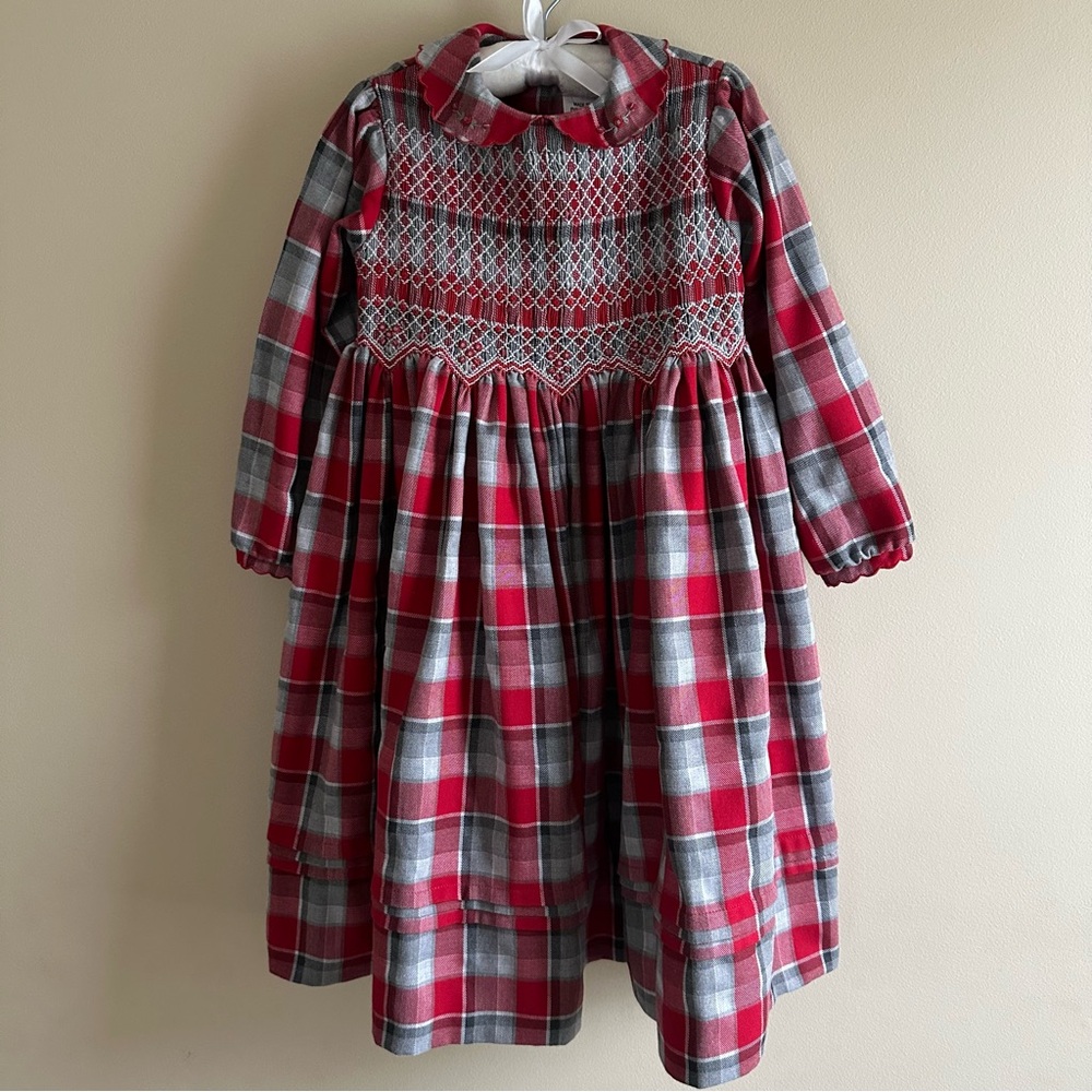 Sarah Louise England Girls 6 Red Gray Plaid Hand Smocked Dress